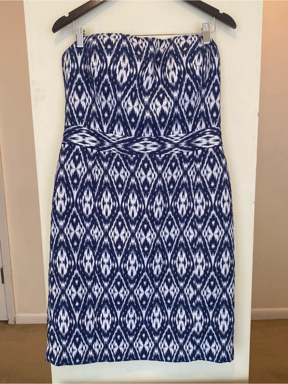 Banana Republic Strapless Dress Navy Blue White Ikat Print Padded Womens Size 14